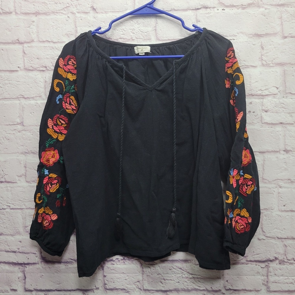 World Market Black Floral Embroidered Peasant Blouse S Boho Smocked Tie‎ Tassel